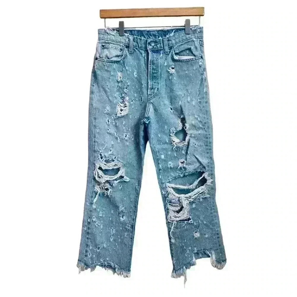Carmar Denim - Carmar heavily distressed destroyed straight crop light wash jeans button fly 26